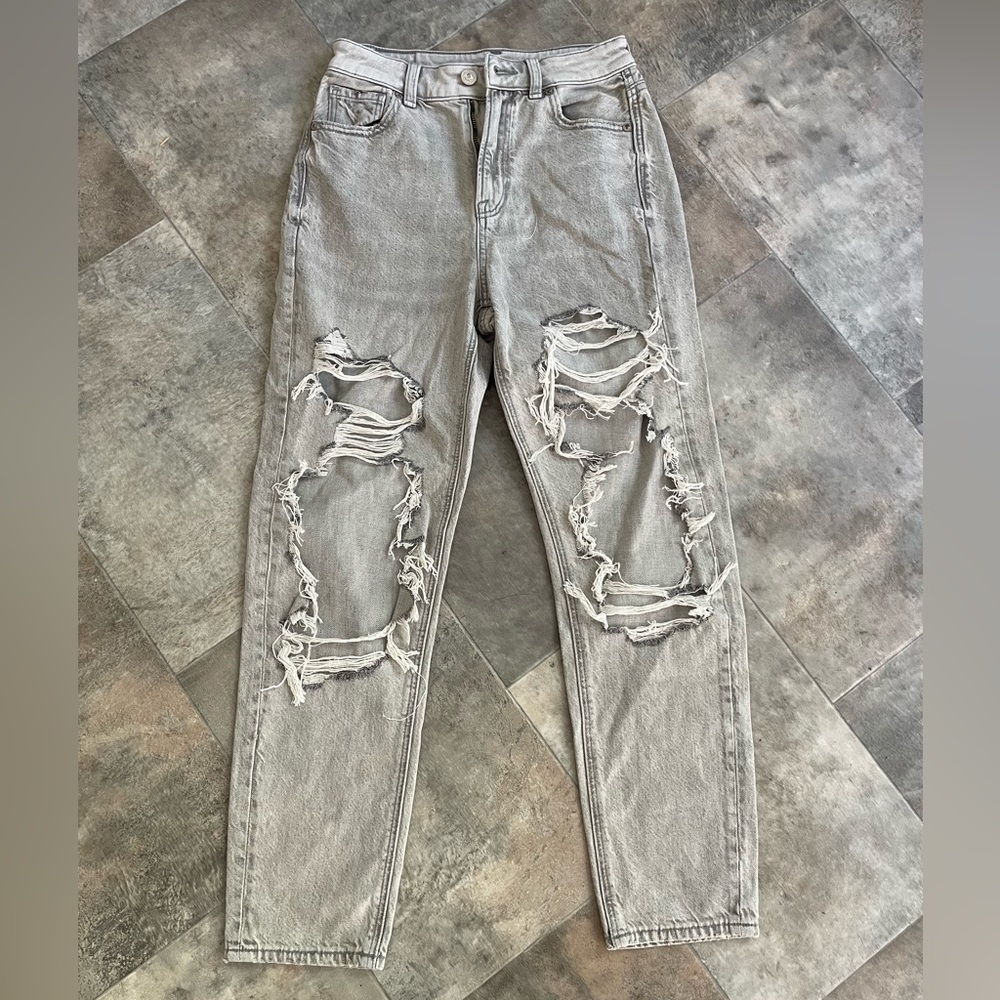 American Eagle, gray ripped mom jeans.
